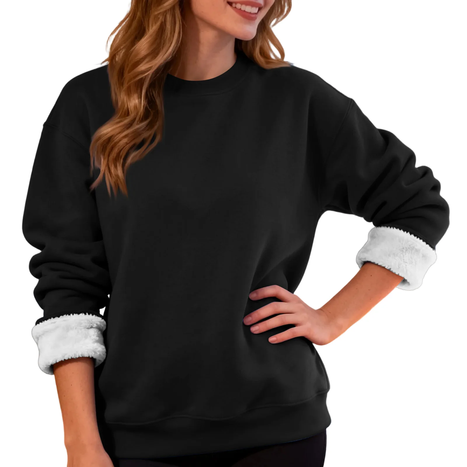 Femmes décontracté mode col rond pull haut hiver couleur unie en peluche sweat femme vêtements hiver vêtements femme