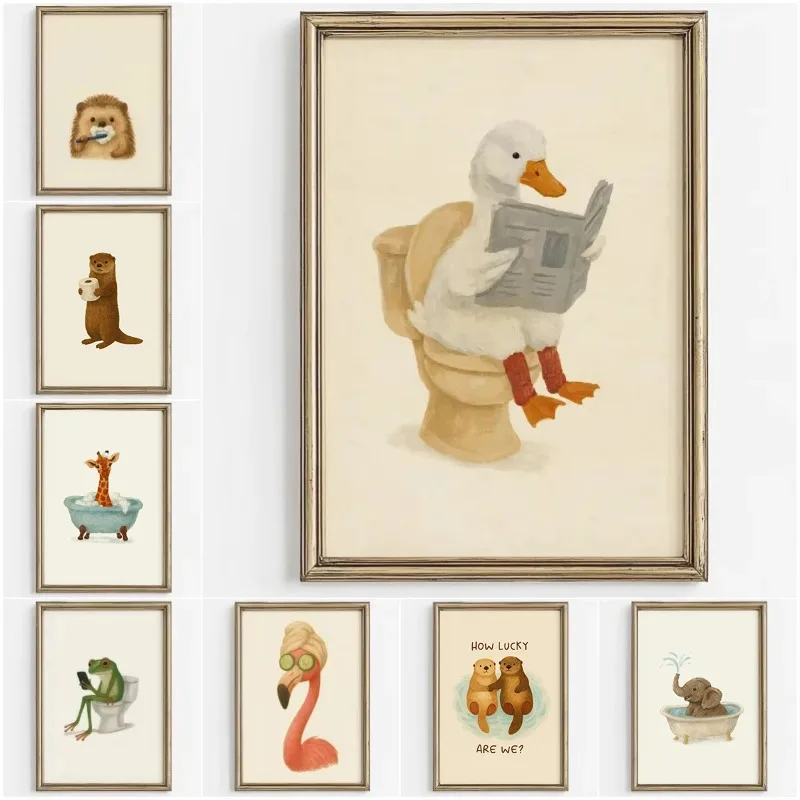 Vintage Watercolor Animal Canvas Prints Funny Cartoon Duck Flamingo Poster Cute Style Kids Bathroom Restroom Aesthetic WallDecor