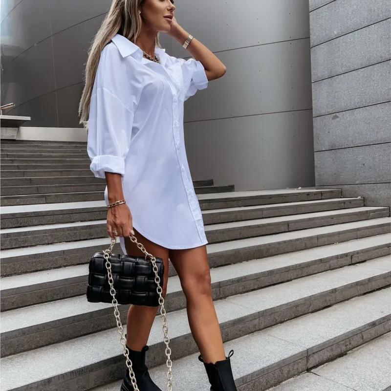 Elegant Women's White Blouse Casual Top Spring/Summer 2024 Basic Loose Fit Long Sleeve V-Neck Button Long Khaki OL Shirt S-XXL