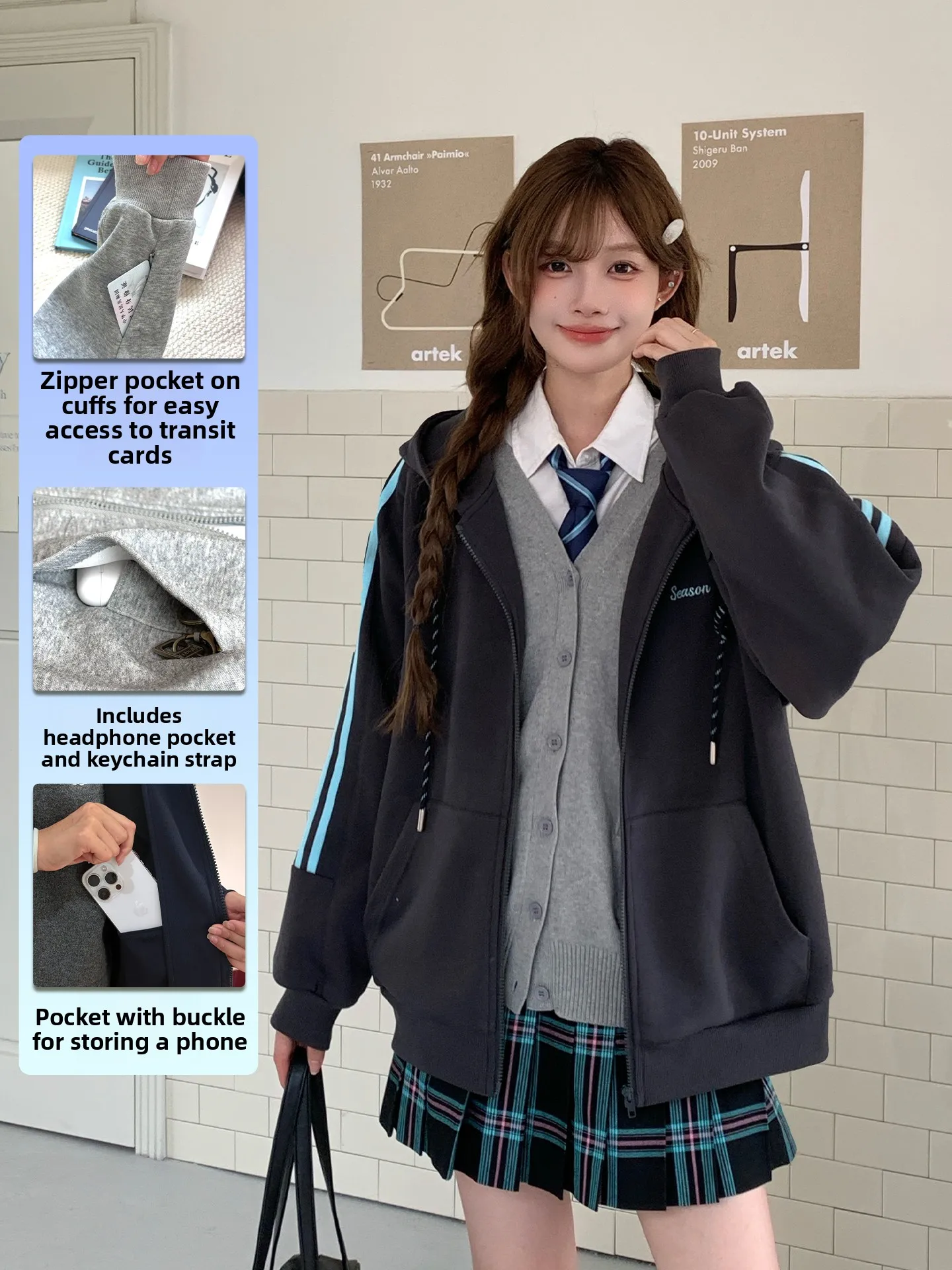 

Functional Charcoal ey Hoodie Original Design Tokyo Seasonal Record Women's Sweatirt Street Sle Zipper Long Sve Coat