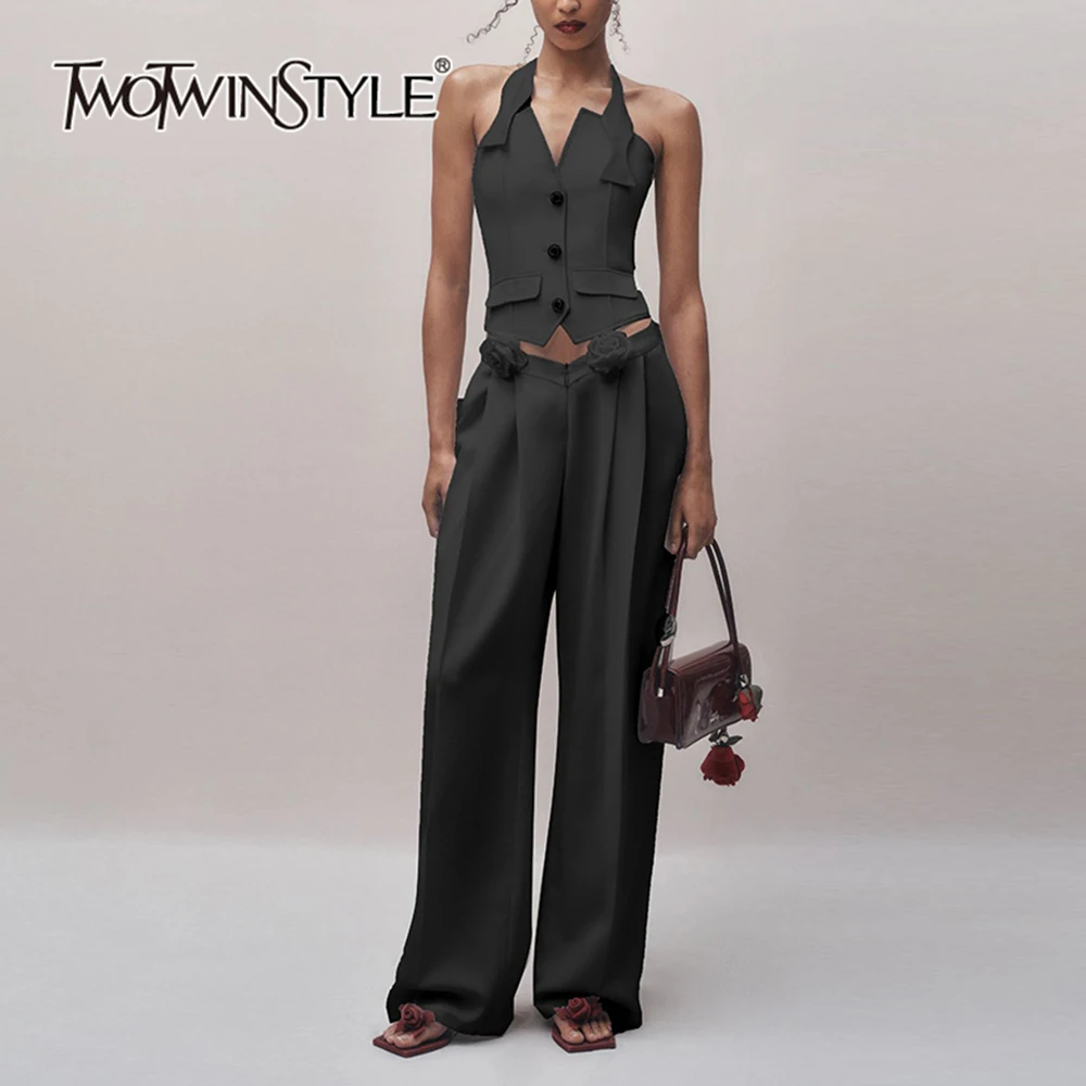 

TWOTWINSTYLE Solid Two Piece Set For Women Halter Sleeveless Top High Waist Spliced Appliques Wide Leg Pant Casual Sets Female