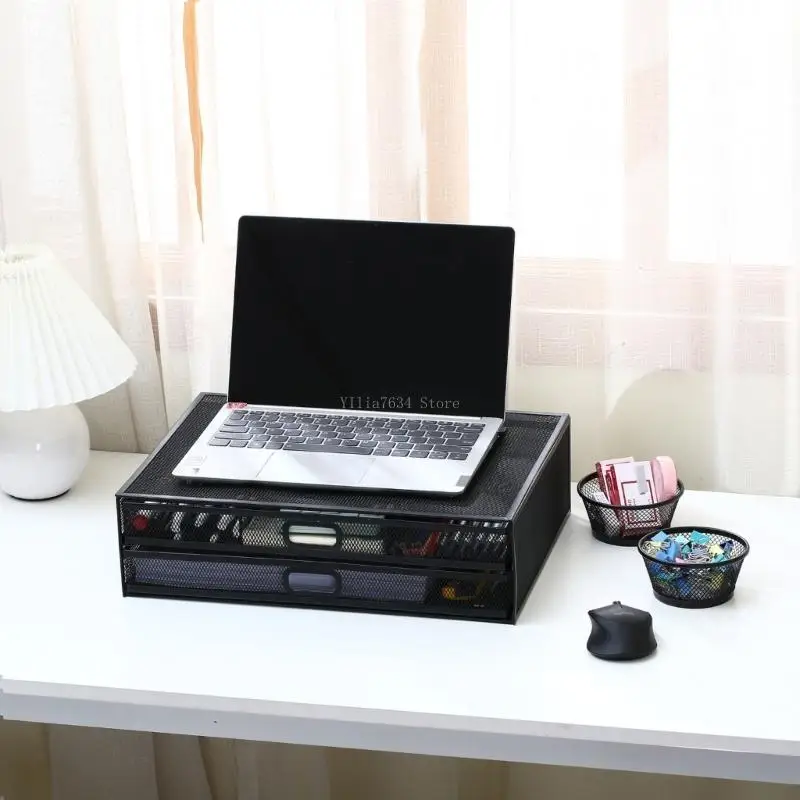multifunctional-desk-monitor-stand-with-2-storage-drawers-metal-mesh-computer-monitor-stand-printer-accessory