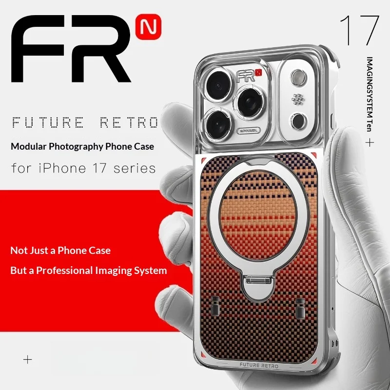 Fotorgear Future Retro Modular Phone Case for IPhone 17 - CNC Aluminum, Kevlar Back, 67mm Filter, T-Mount Lens, Cold Shoe