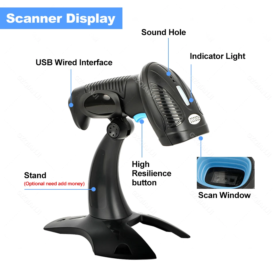 Portable Bluetooth 2D QR Image PDF417 Screen Scanning Reader Wireless 1D Laser Bar code Scanner for Windows/Android/iOS