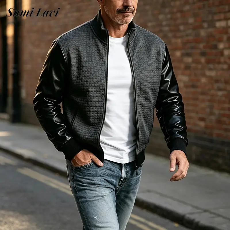 2026 Autumn Daily Casual Mens Waffle PU Jacket Fashionable Contrast Color Stand Collar Long Sleeve Outerwear Street Coat For Men