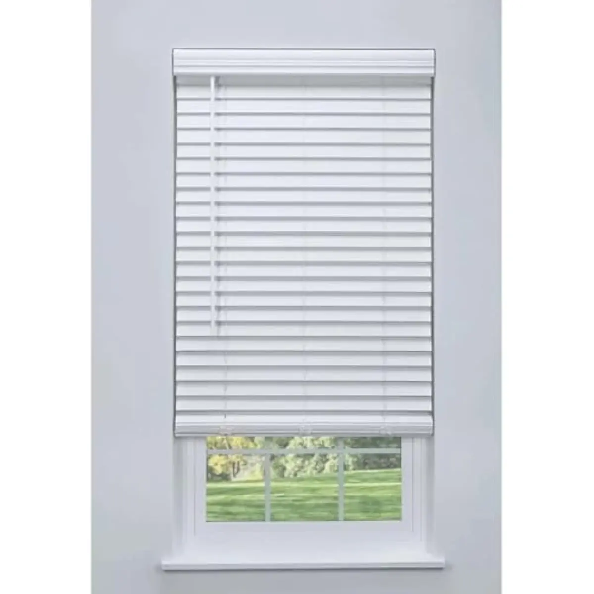 Cordless 2' Faux Wood Blind White 68 1/2 W x 60 H, Flush Inside Mount (No Valance Side Pieces/Returns Included, Arrives ½ Inch N