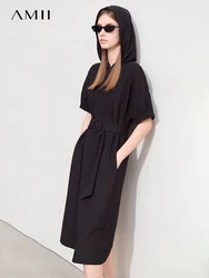 Amii Minimalism Hooded Dress For Women 2024 Summer New Letters Embroidery With Belt Quick Dry Knit Fashion Casual Dress 12422091