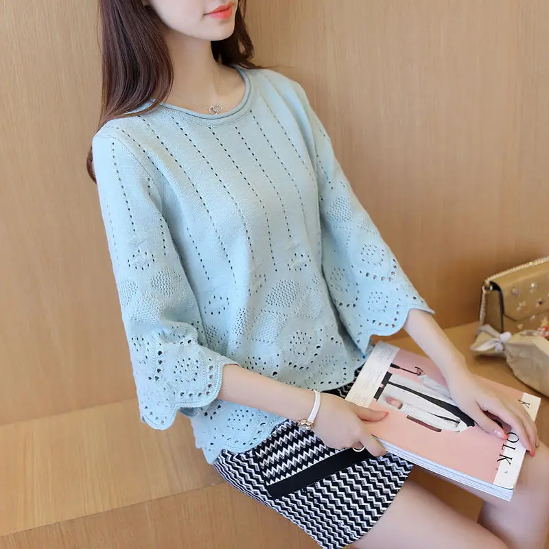 Autumn Fashion Korean Hollow Out Pullover Knitting Shirt Women New High-quality Ruffle Sleeve O-collar Loose All-match Sweaters