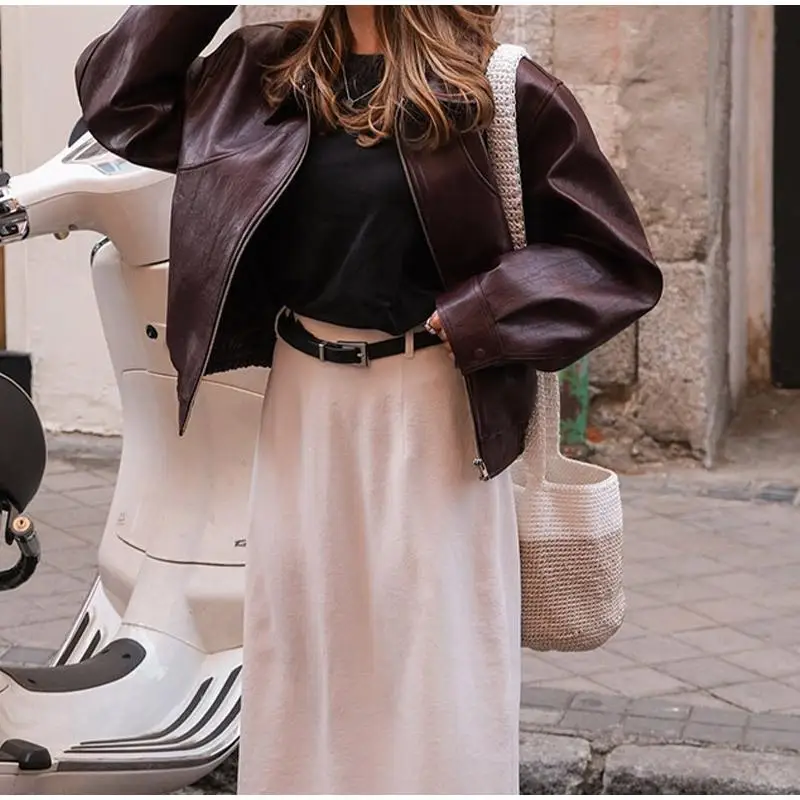 Street Sle Long Sve Rits Leer Jaet Bovenkleding Faionable Commuter Damesjas Pure Kleur PU Materiaal voor Midden-...
