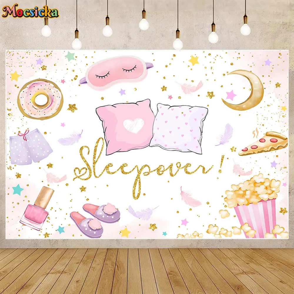 

Mocsicka Sleepover Girl Birthday Backdrop Photography Pajama Party Decor Slumber Sleepover Spa Photo Background Banner Photocall
