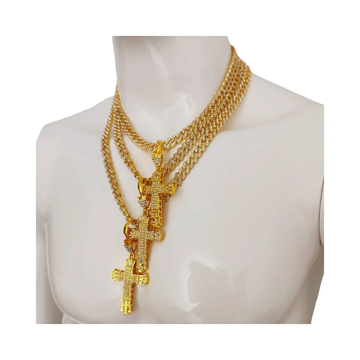 Thickened Cross 3D Pendant Crown Head Width 10mm Necklace 9k Gold Plated with Water Diamond Cuban Chain Diamond CZ