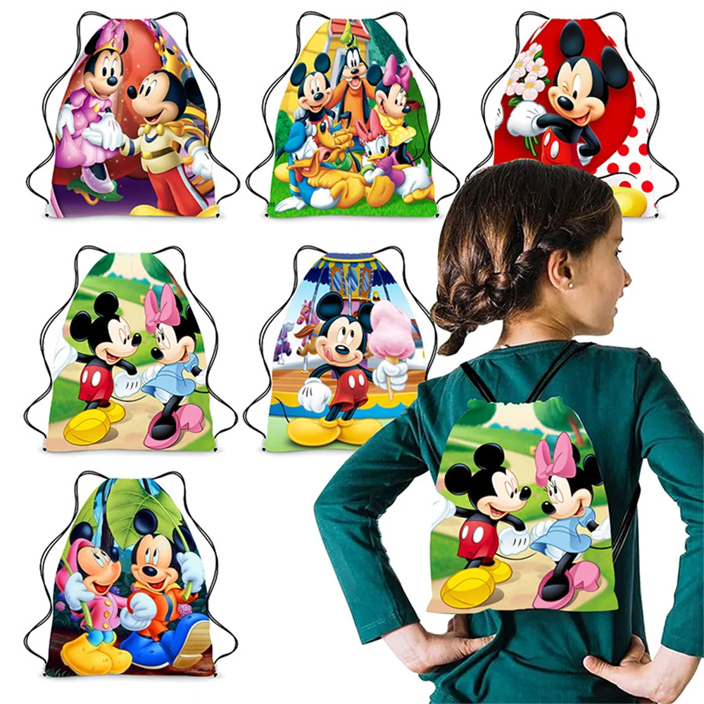 Disney-mochila de Mickey Mouse para niños y niñas, bolsa de almacenamiento portátil de dibujos animados de Minnie, bolsa con cordón, bolsa Kawaii