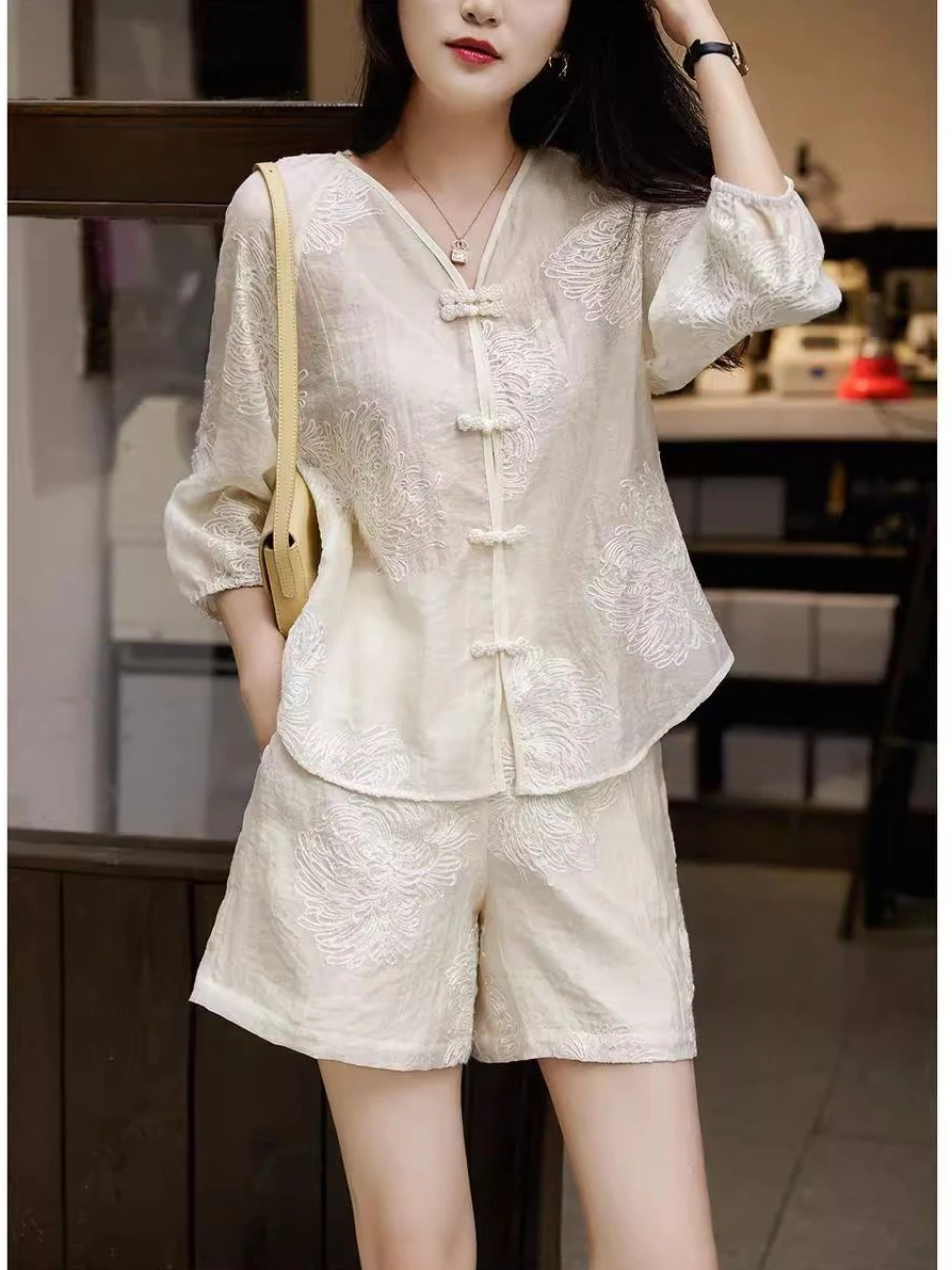 Nouveau chinois Sle Tee-Piece Ensemble brodé boutonné haut Csole jambe large orthès printemps été Faion femmes Ensemble