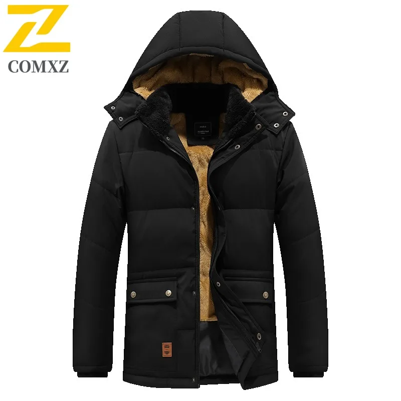 COMXZ Herren-Winterjacke mit Kapuze, hochwertige, lockere, verschneite, wattierte Jacke aus Baumwolle, Skifahren, warme, dicke, mittellange Steppjacke