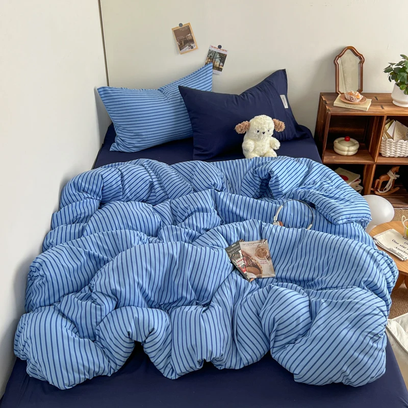 Bedding Set INS Blue Stripe Style Duvet Cover Pillowcase with Bedsheet Home Bedclothes Boys Girls Room Bed Sheet Sets 이불세트
