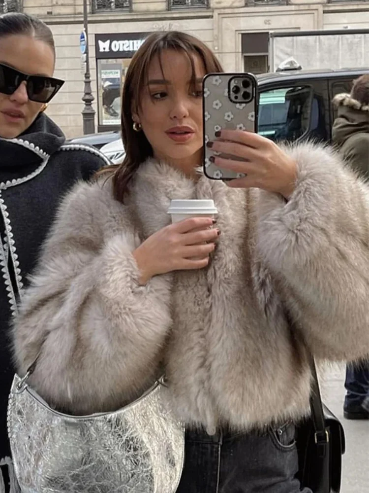 Warm Luxurious Plush Long Sleeves Womna Faux Fur Coat Fashion O Neck Loose Casual Short Coat 2025 Autumn Winter New Streetwear