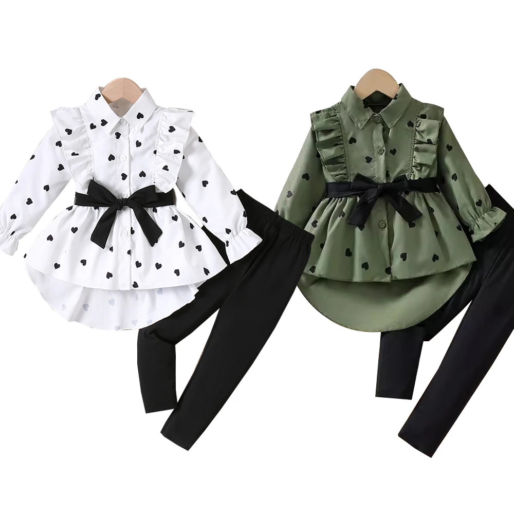 

2PCS Full Printing Shirt+Pants Set for Kids Girl Fashion Elegant Baby Girl Pants Sets White Army Green Autum Casual Clothing
