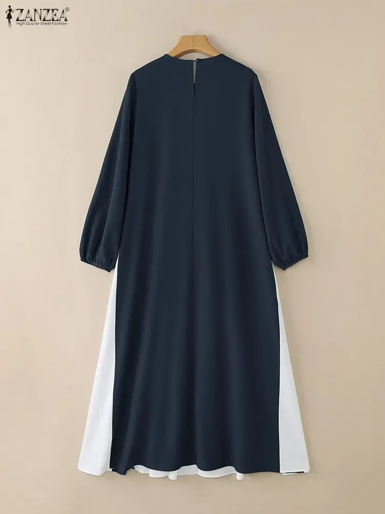 ZANZEA Modest Hijabs Maxi Lange Kleider Frauen Muslimische Mode Kontrast-Farbe Patchwork A-Line Swing Kleid Oansatz Langarm Roben