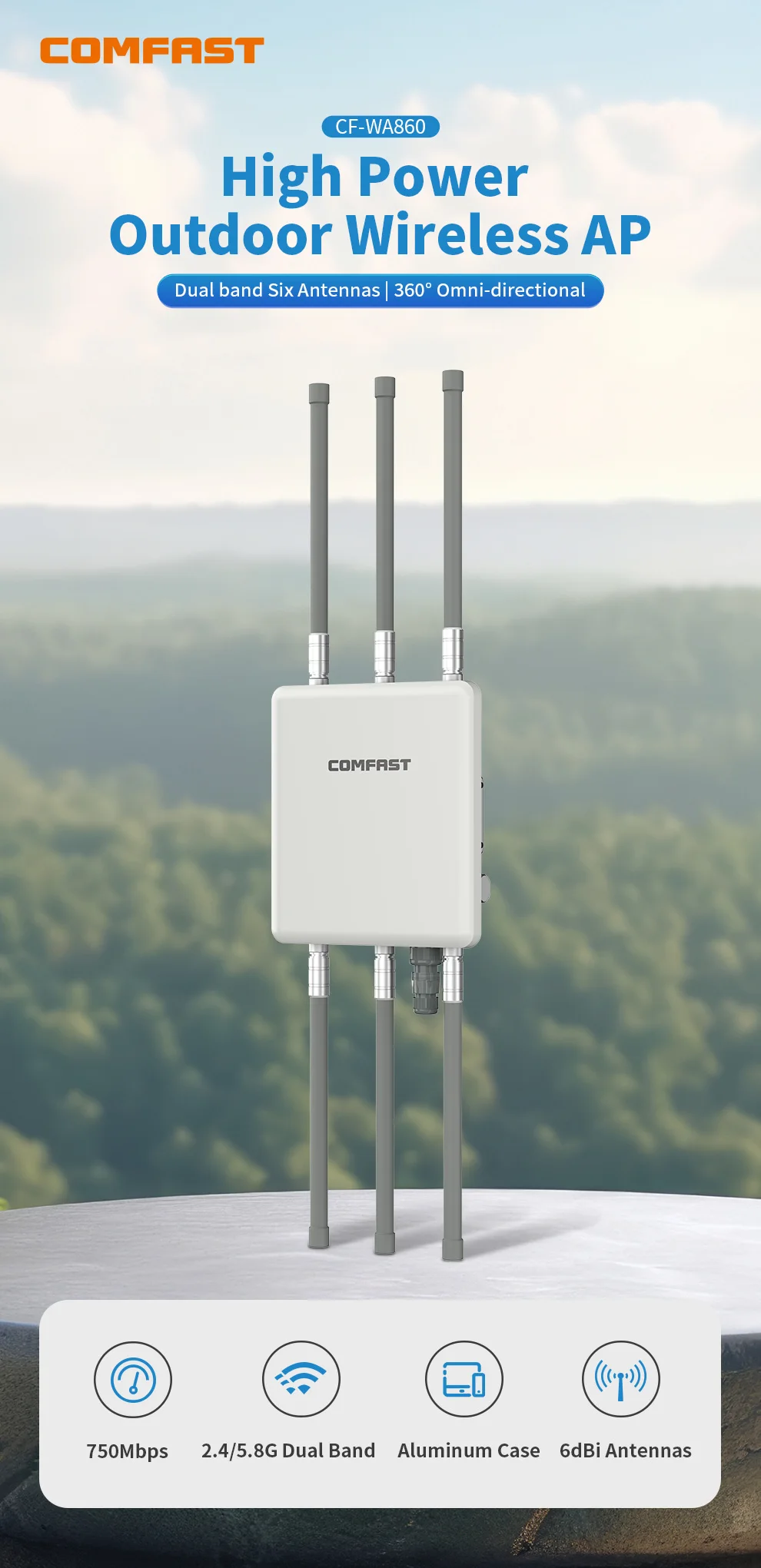 COMFAST نقطة وصول خارجية 750Mbps طويلة المدى 6 * 6dbi واي فاي هوائي موسع 5G عالية PowerIP67 مقاوم للماء جهاز توجيه متعدد الاتجاهات