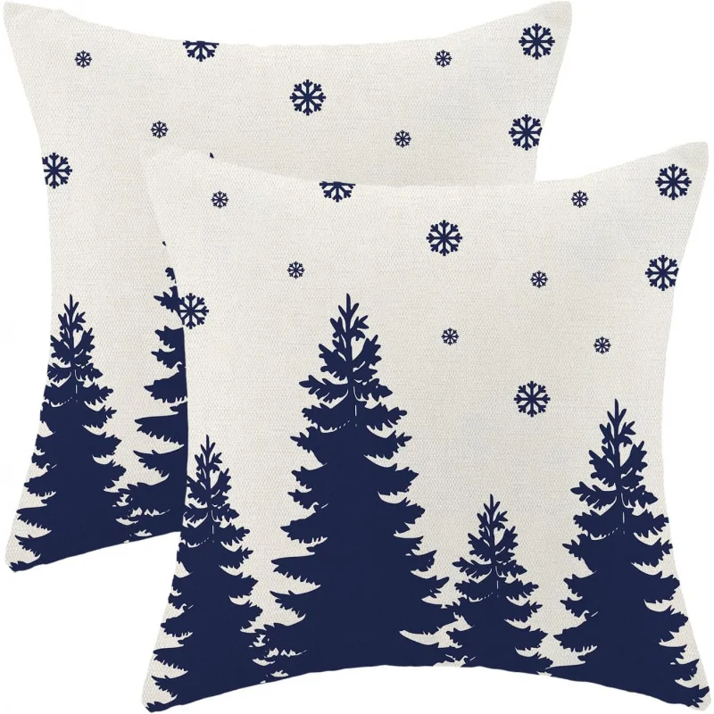 

Christmas pillowcase 20x20 inches, set of 2 white navy blue Christmas tree snowflake decorationssofa bedoutdoor cushion cove