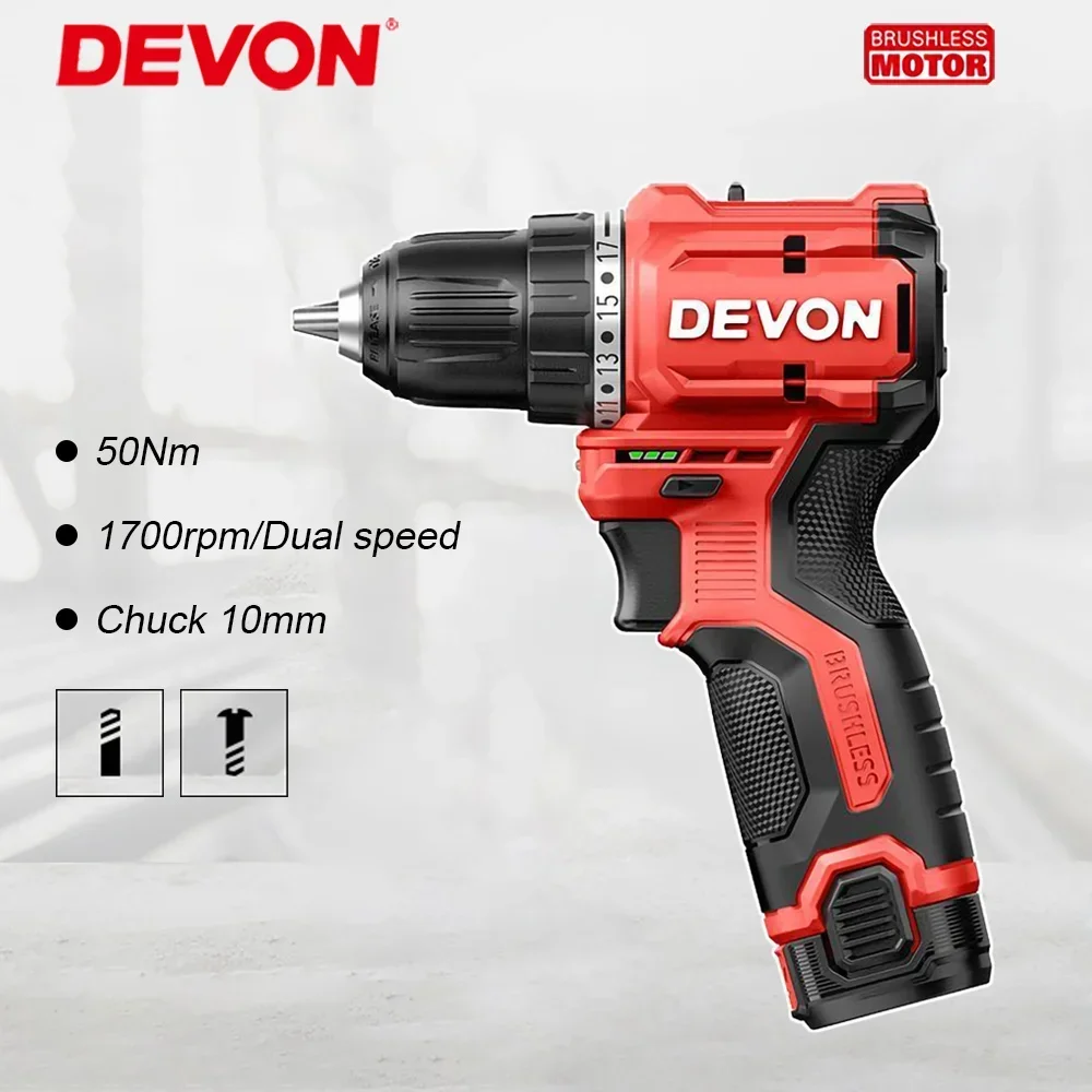 DEVON 5208 Wireless Electric Drill Rechargeable Brushless 12v 50Nm 1700rpm Dual Speed Torque Adjustable Share Battery Platform