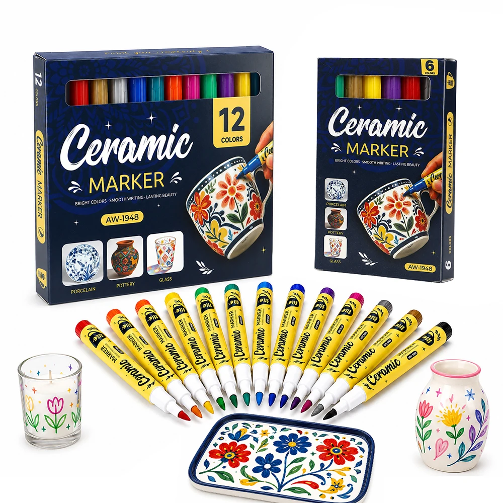 Lot de 12 marqueurs céramiques aux couleurs vives, pointe en fibre souple, pour verre, porcelaine, poterie, tasses, graffiti, bricolage, artisanat, peinture, fournitures artistiques