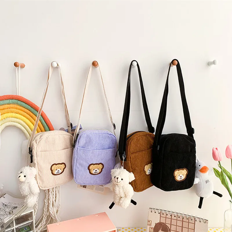 Corduroy Single Shoulder Crossbody bag is Versatile for Outdoor Travel Fashionable and Fresh And cute Little Bear for Students