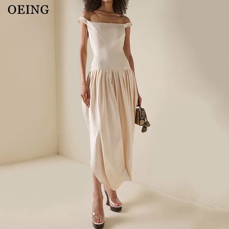 

BOEING Простые платья для выпускного вечера цвета слоновой кости с открытыми плечами, драпированные вечерние платья без рукавов, коктейльные платья чайной длины по индивидуальному заказу