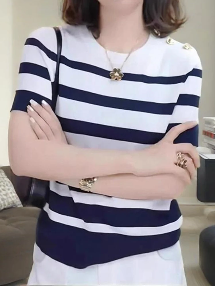 

Korean Sle Simple Striped ort Sve Women's Knitted Sweater Summer Faion Versatile Color Blo Design Casual Outfit