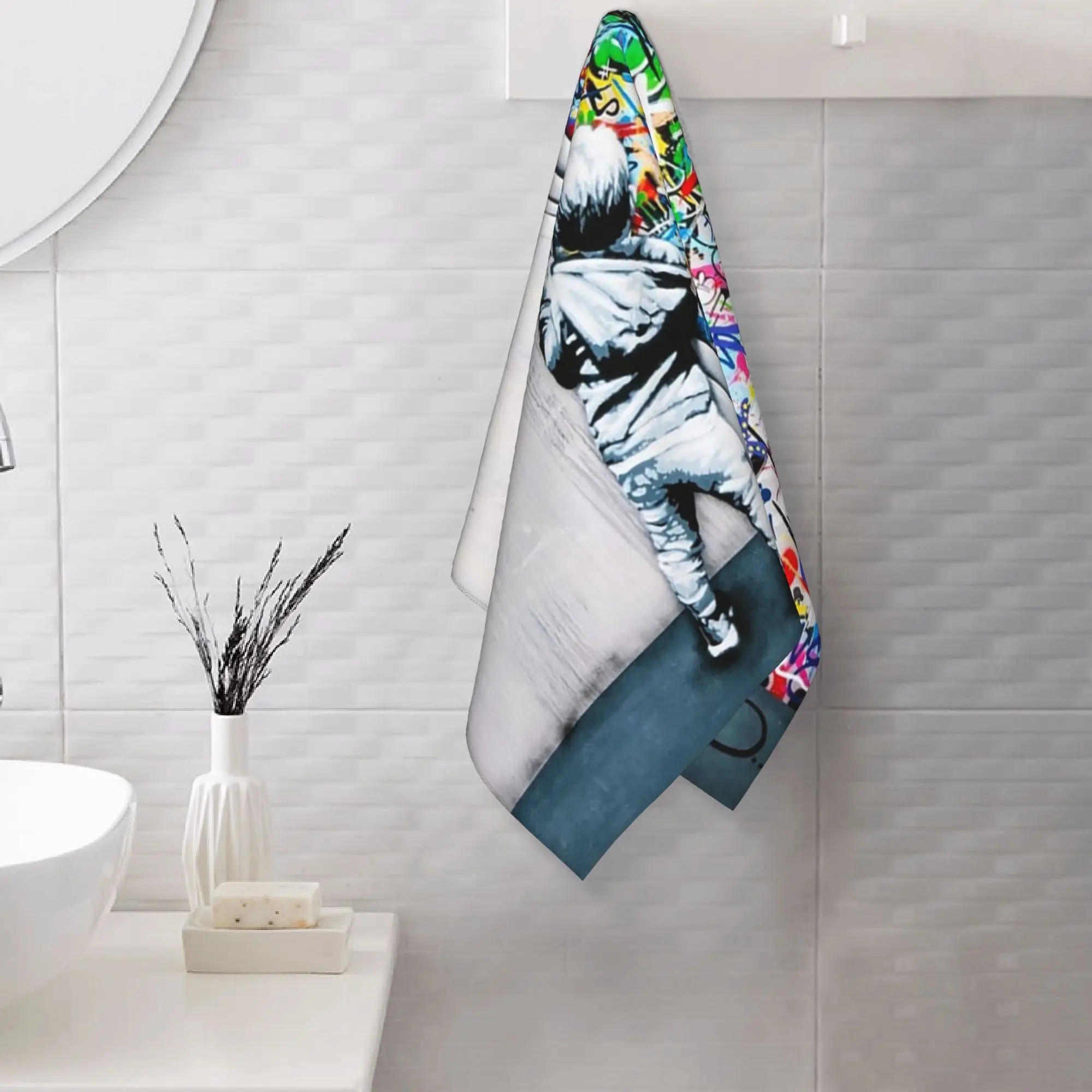 Custom Behind The Curtain Boy - Banksy Street Art Mural Soft Face Towel Quick Dry Pool Bath Cotton Towels Breathable
