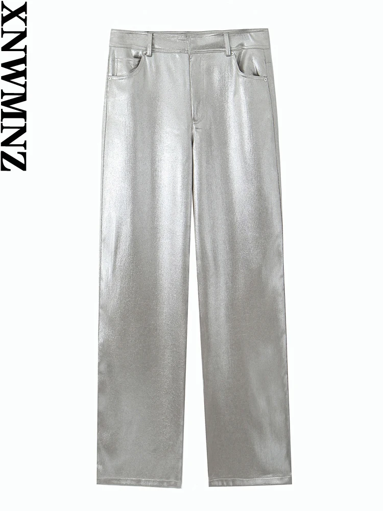 XNWMNZ 2024 Women's Metallic Foil Satin Pants Women High Street High Waist Zipper Versatile Female trousers