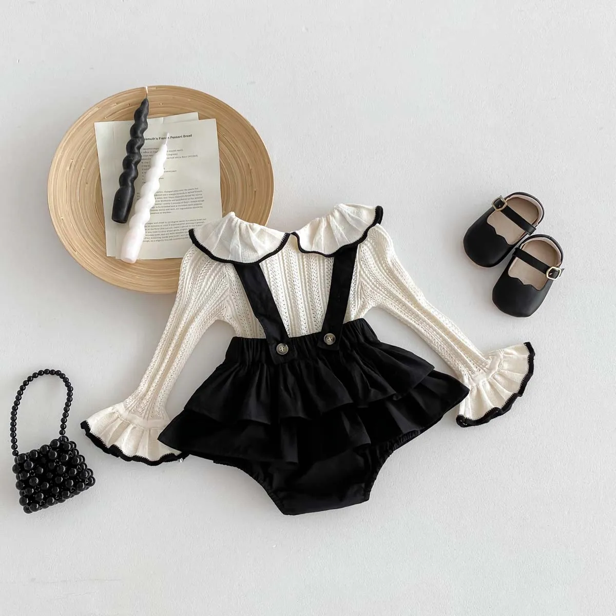 Korean Style New Girls Autumn Sweet Cute Knitted Doll Collar Long Sleeve Top Lace Skirt suit Autumn Baby Jumpsuit suit