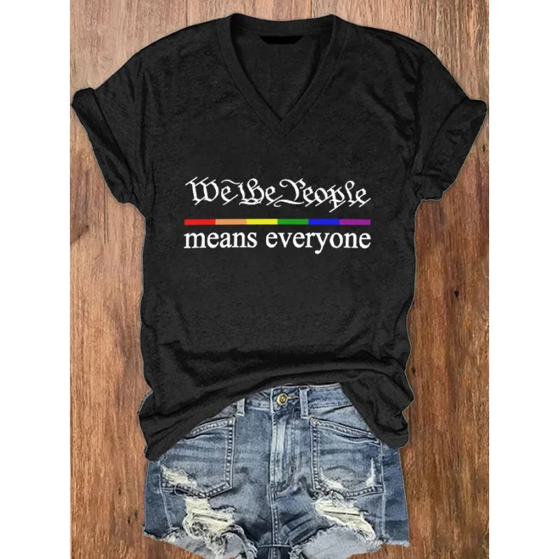 Women's Summer Casual V-Neck Short Sleeve T-Shirt Pride Print Top
