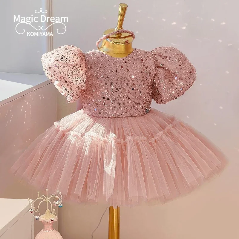 Customized Sequin Sweet Girls Birthday Gowns V-back Bow Ball Gown Flower Girl Dress Princess Puff Sleeve Junior Brides