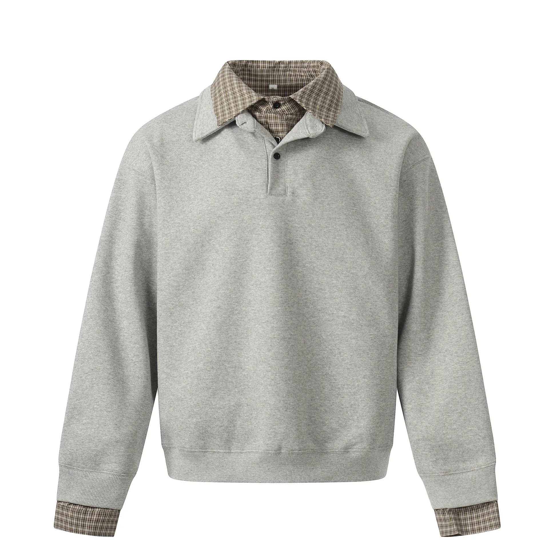 400GSM Heavyweight Japanese Commuter Cleanfit Plaid Paneled Faux-Layer Sweatshirt Men's Loose Fit Old Money Style Polo Shirts