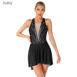 Womens Rhinestone Ballet Gymnastics Leotard Dress Sleeveless Mesh Splice Figure Ice Skating Dress Competition Dance Costume