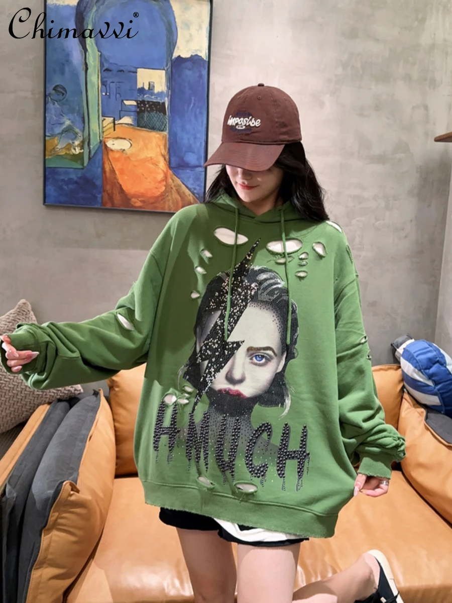 

Fashion Holes Distressed Rhinestone Sweatshirts False Two-Piece Suit Oversized Mid-Length Hoodie Streetwear Coat Autumn New Tops