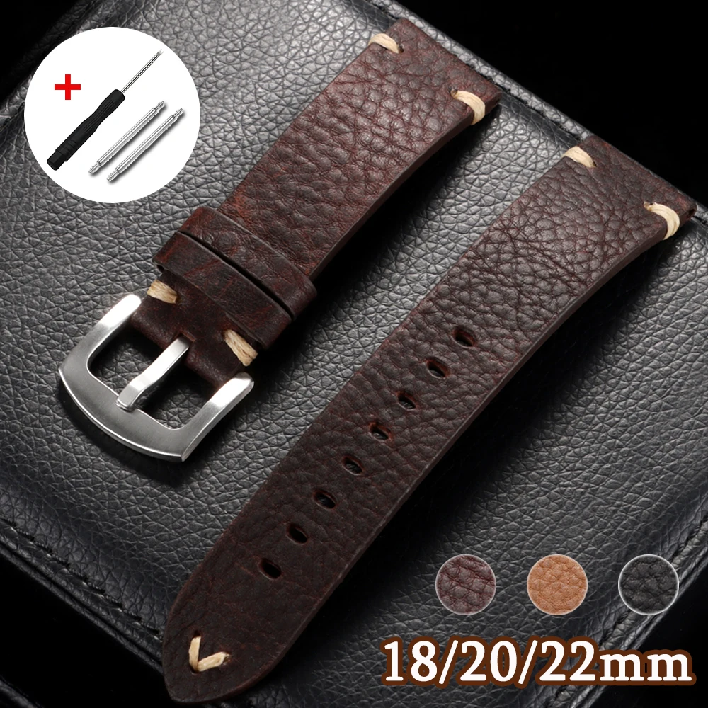Bracelet de montre en cuir de vache véritable, 18mm 20mm 22mm, couture faite à la main, Bracelet universel en cuir de veau pour hommes et femmes, Bracelet de remplacement Vintage