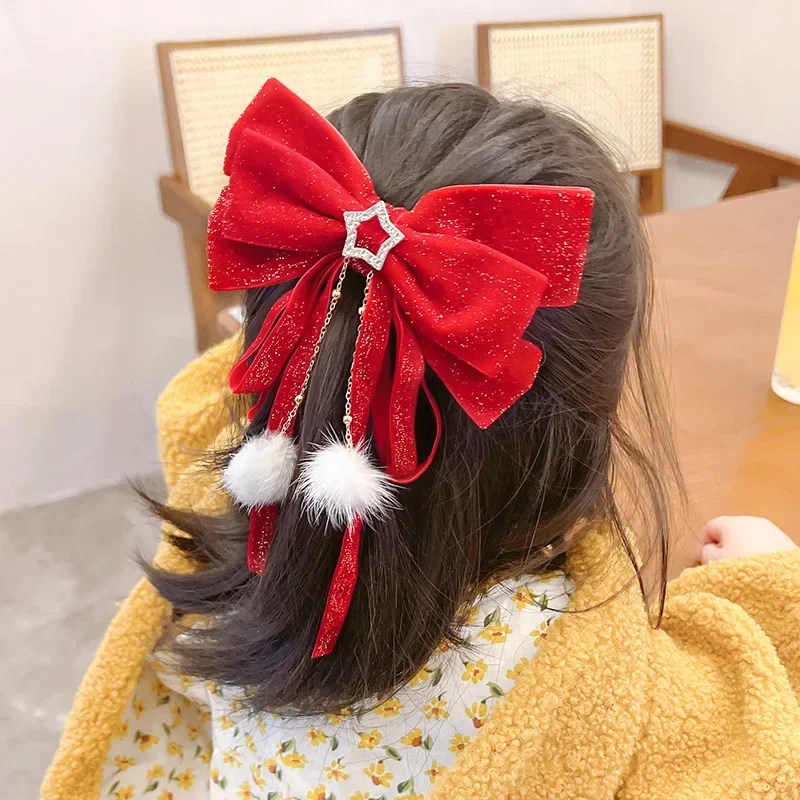 Red Velvet Bows Hair Ribbons Scrunchies Women Girls Long Elastic Hair Ties Headwears Female Kids Styling Tools New Year Decor