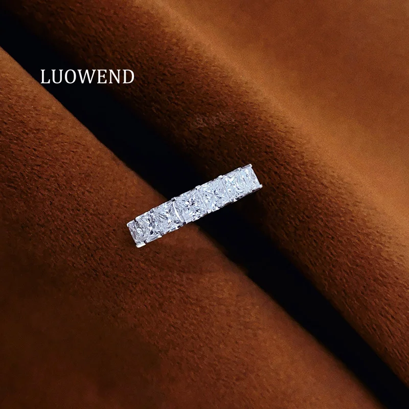 LUOWEND 100% 18K White Gold Rings Luxury Simple Style Square Cut Real Natural Diamond Cocktail Ring for Women Fine Jewelry
