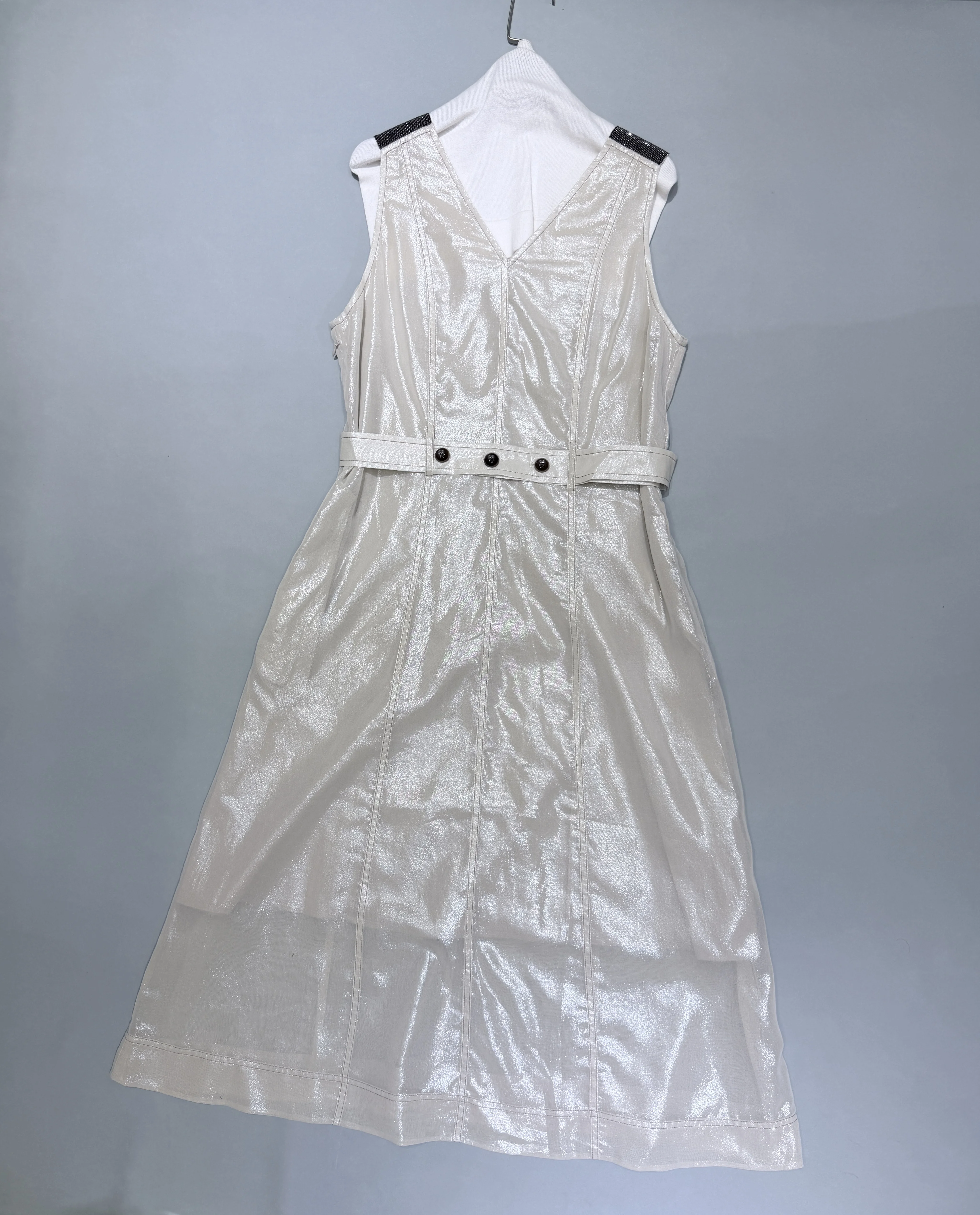 New Spring/Summer Collection: High-Quality Women's Sleeveless Dress with Glossy Finish and Shoulder Chain Detail