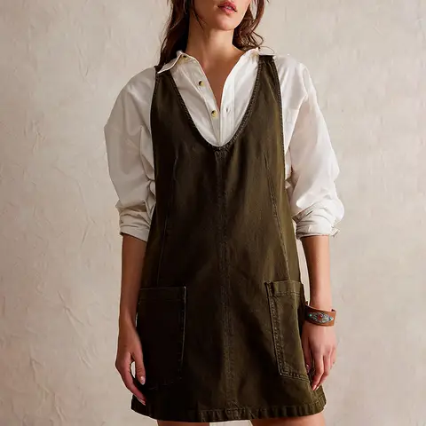 Women Vintage Denim Overall Dress Solid Color Mini A-Line Jean Suspender Dress Loose Casual Cute Bib Dress Streetwear 2026