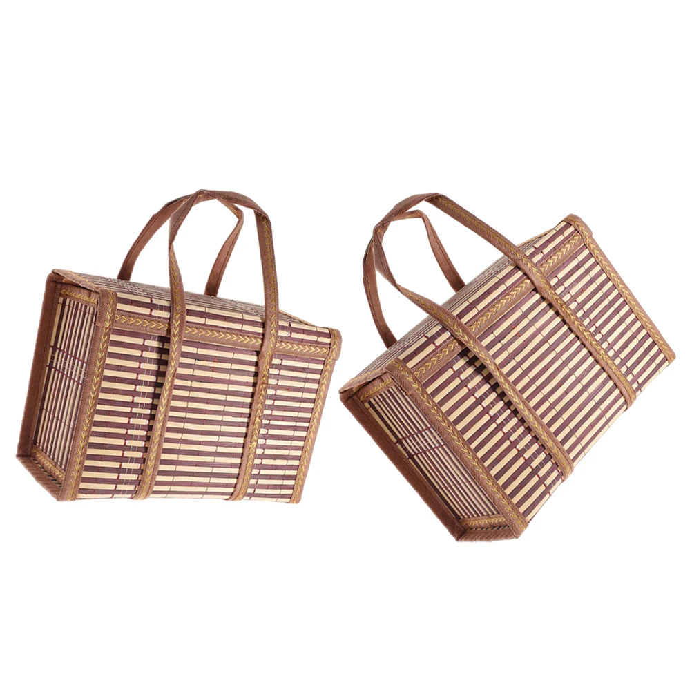 

2pcs Folding Storage Basket Large Capacity Collapsible Bamboo Bin Portable Sundries Organizer For Home Camping Use