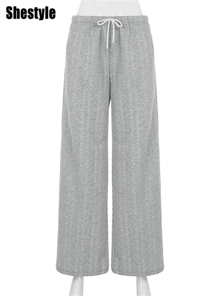 Shestyle Gray Sweatpants Autumn for Women Streetwear Drawstring Texture Staight Casual Loose Minimalist Wide Leg Trousers 2025