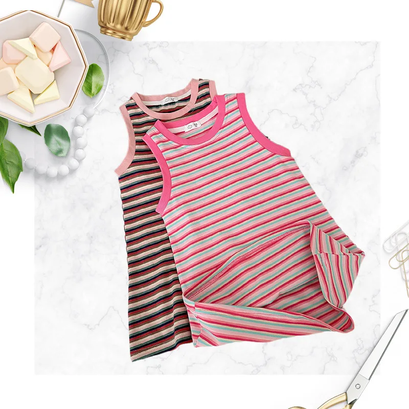 فستان صيفي مخطط للفتيات - فستان قطني مسامي على شكل حرف A مع أشرطة واسعة، متواضع ومريح للعب