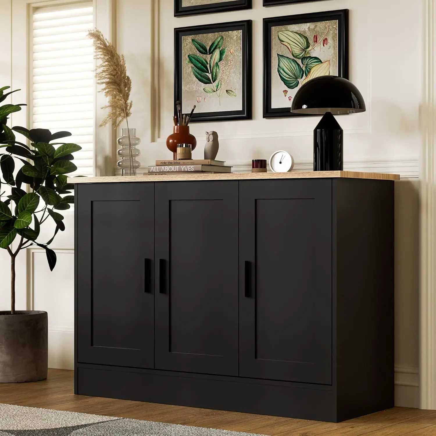 43.3”W Black 3 Door Buffet Cabinet, Coffee Bar Cabinet With Adjustable Shelf, Kitchen Buffet Sideboard For Living Room, Kitchen