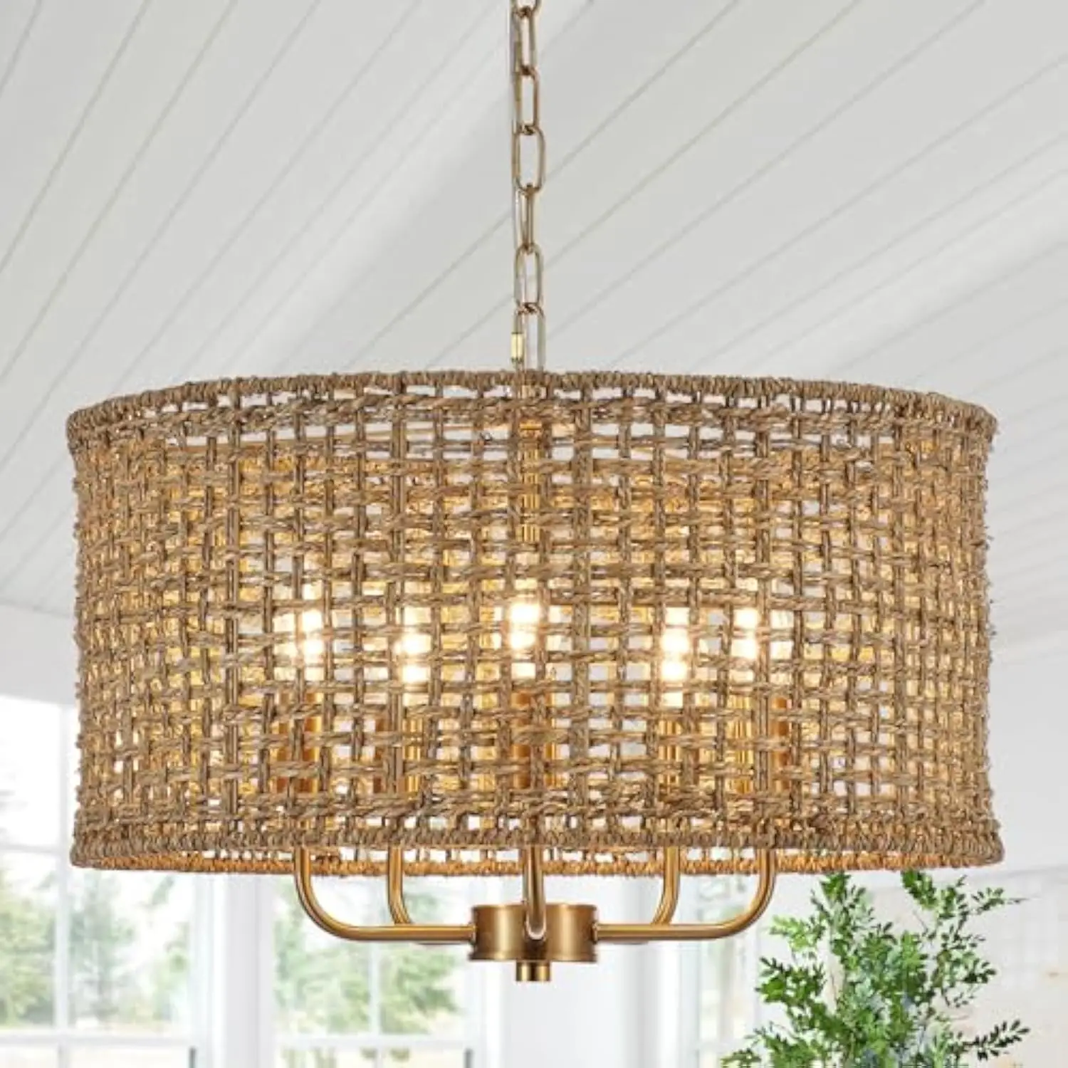 

Hand-Woven Rattan Chandelier Vintage Farmhouse Boho Bamboo Golden Chandelier Light Fixture Retro 5-Lights Drum Wicker Gold Chan