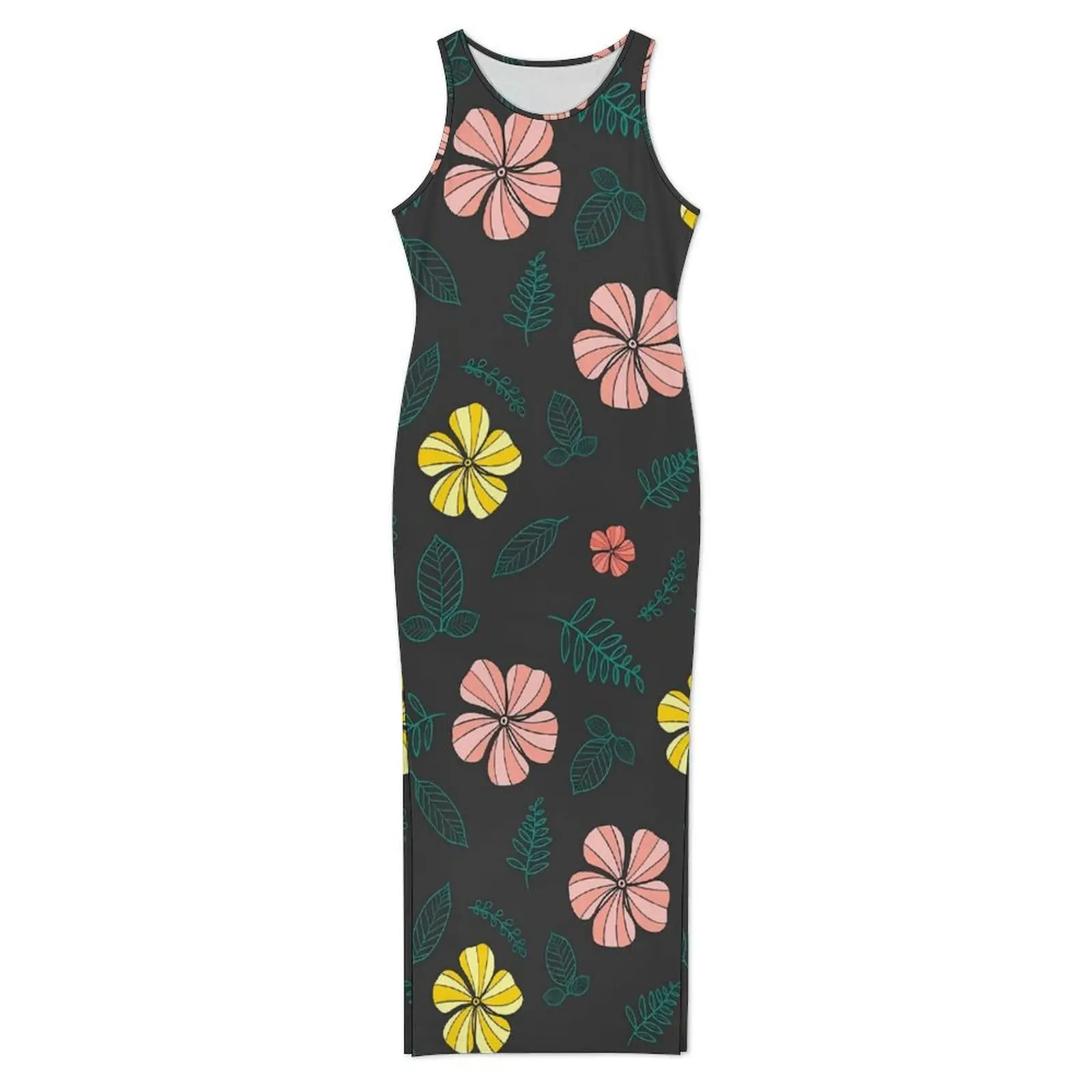 Tropical Floral Dress Sleeveless Colorful Flowers Club Party Maxi Dresses Summer Street Style Graphic Bodycon Dress Large Size