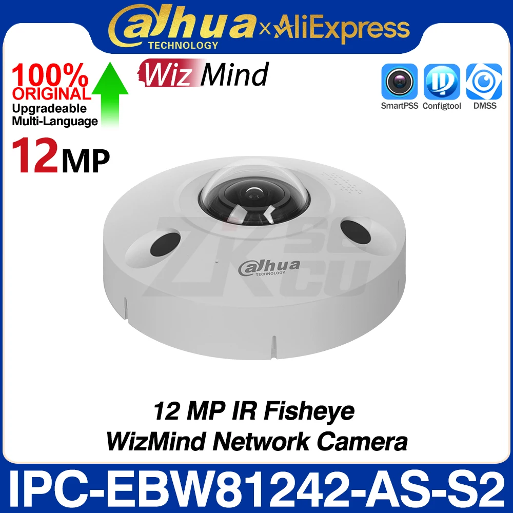 Dahua Original IPC-EBW81242-AS-S2 12MP WizMind IR Fisheye Network Camera Smart Event 1.85mm Audio Alarm I/O 2-Way Audio SD Slot