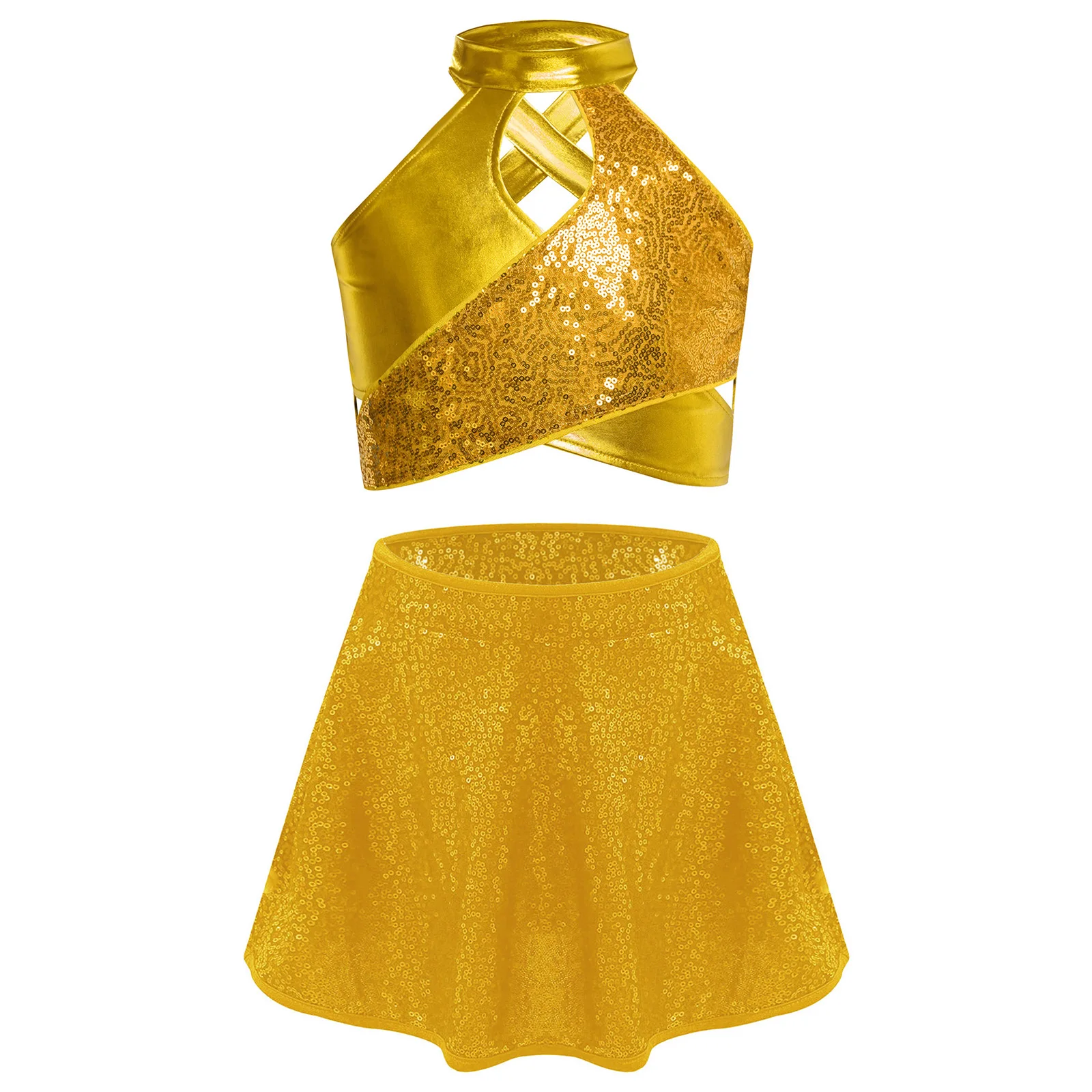 

Kids Girls Jazz Latin Dance Costumes Sparkly Sequins Metallic Cross Halter Crop Top+Sequined Skirt for Stage Show Streetwear